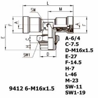 Фитинг тройник горизонтальный 9412 6-M16x1.5