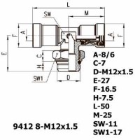 Фитинг тройник горизонтальный 9412 8-M12x1.5