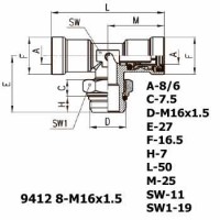 Фитинг тройник горизонтальный 9412 8-M16x1.5