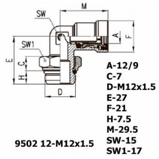 Фитинг угловой 9502 12-M12x1.5