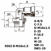 Фитинг угловой 9502 8-M16x1.5