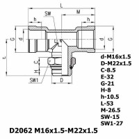 Фитинг тройник горизонтальный D2062 M16x1.5-M22x1.5